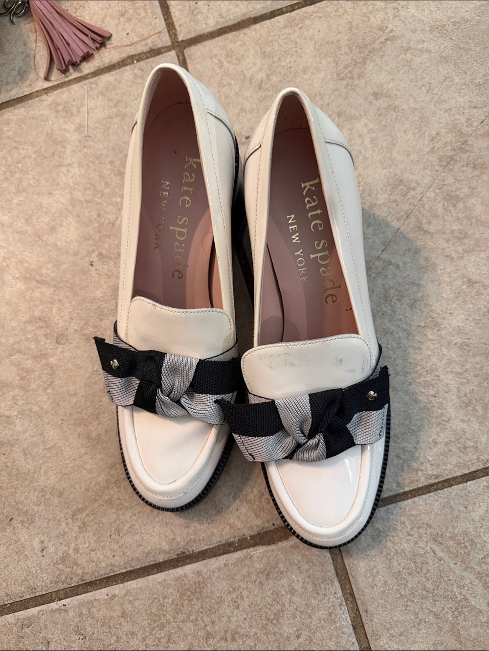 kate spade White Leather Loafers with Black & Gray Bow